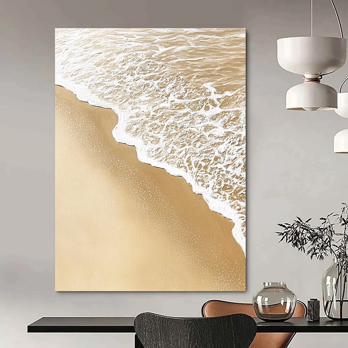 Abstract art capturing intricate sand and water patterns with soft waves blending detailed textures in light beige and white colors.STSC952