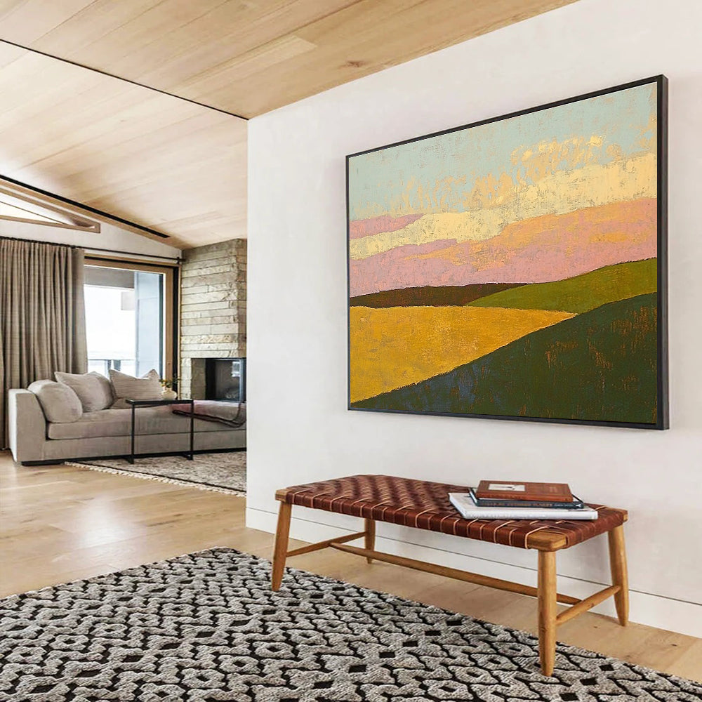 Colorful Hill Landscape Abstract Painting with Pink and Yellow Tones DYP575