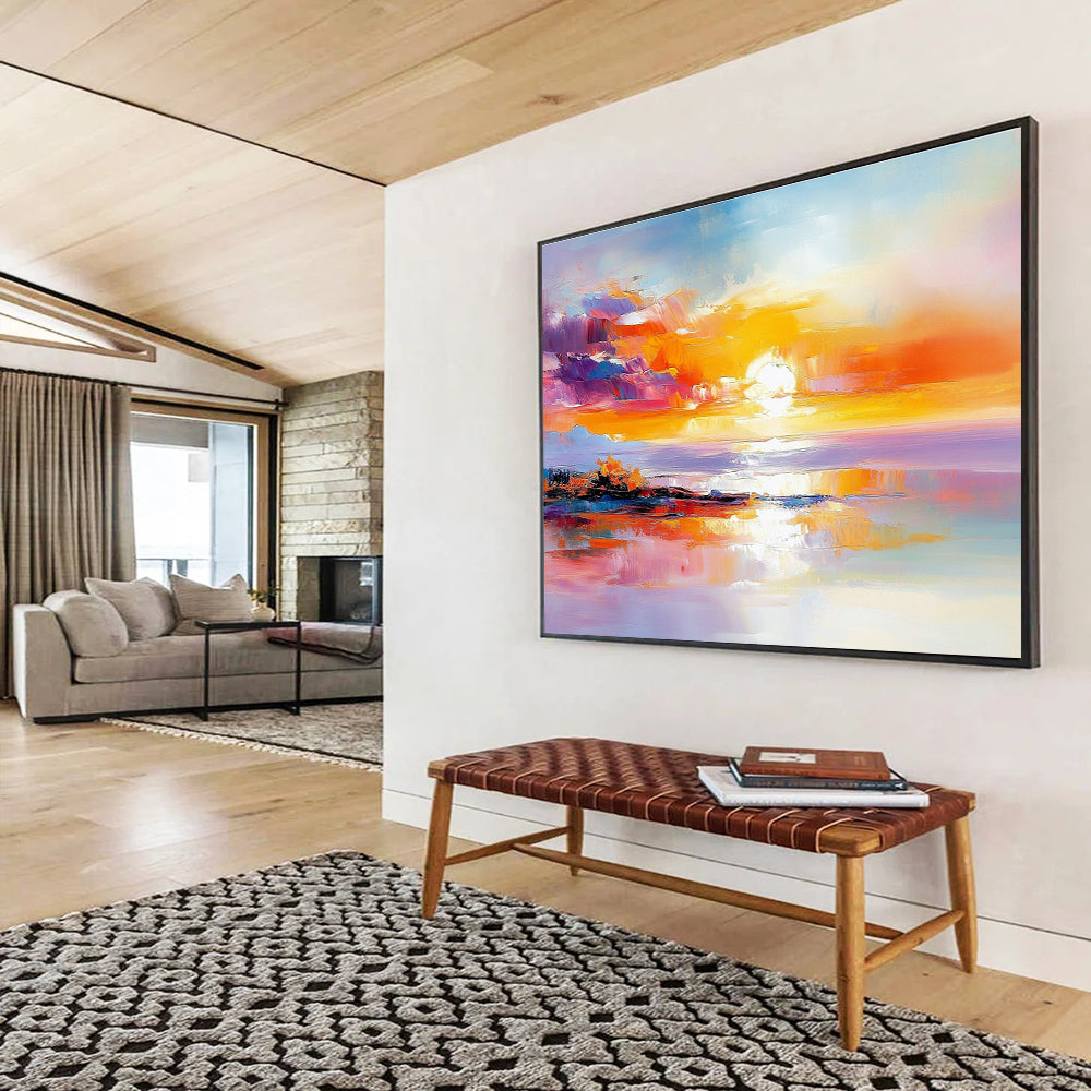 A large abstract painting featuring a stunning sunset with warm colors reflecting on water and a distant island, evoking tranquility and calmness.SC422