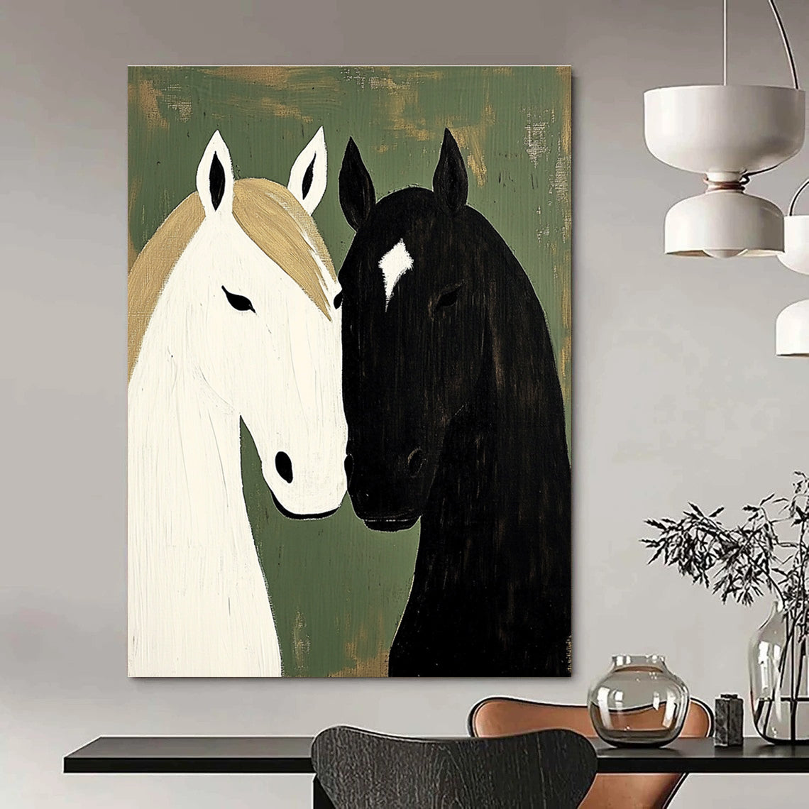 A large abstract painting featuring two horses in neutral tones against a green vintage farmhouse backdrop with a textured finish.STSC1453