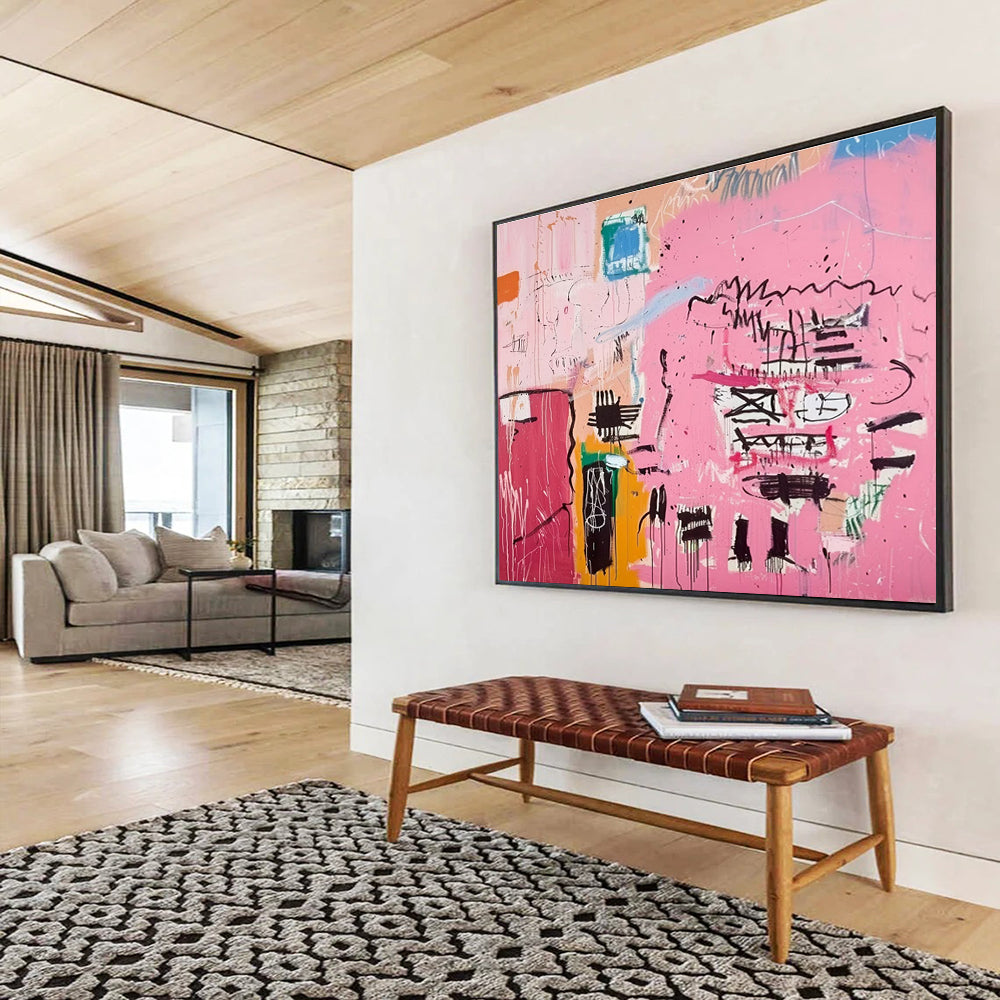 Pink Abstract Graffiti Painting with Pink, Black, and Colorful Doodles THY198