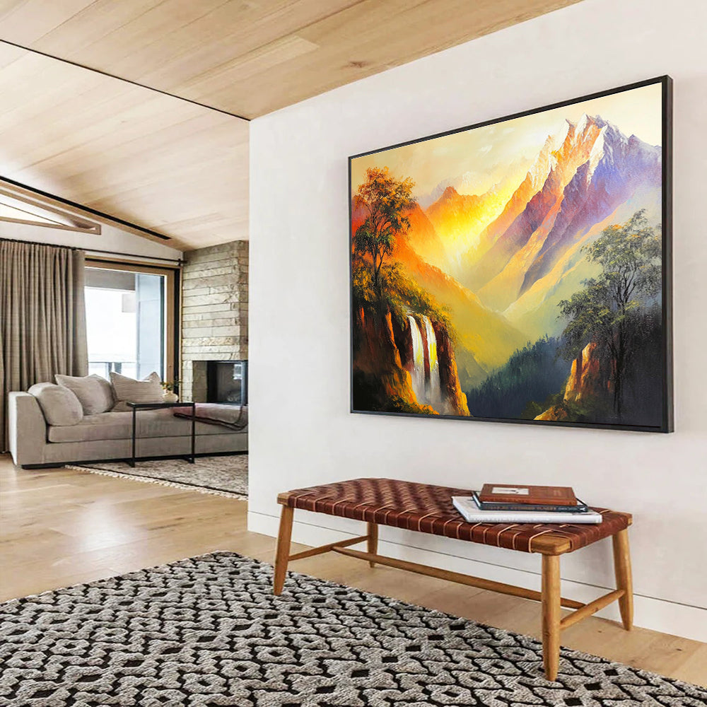 A large abstract painting depicting golden peaks and mountains with bright colors and strong brushstrokes capturing nature's grandeur and serenity.SC579