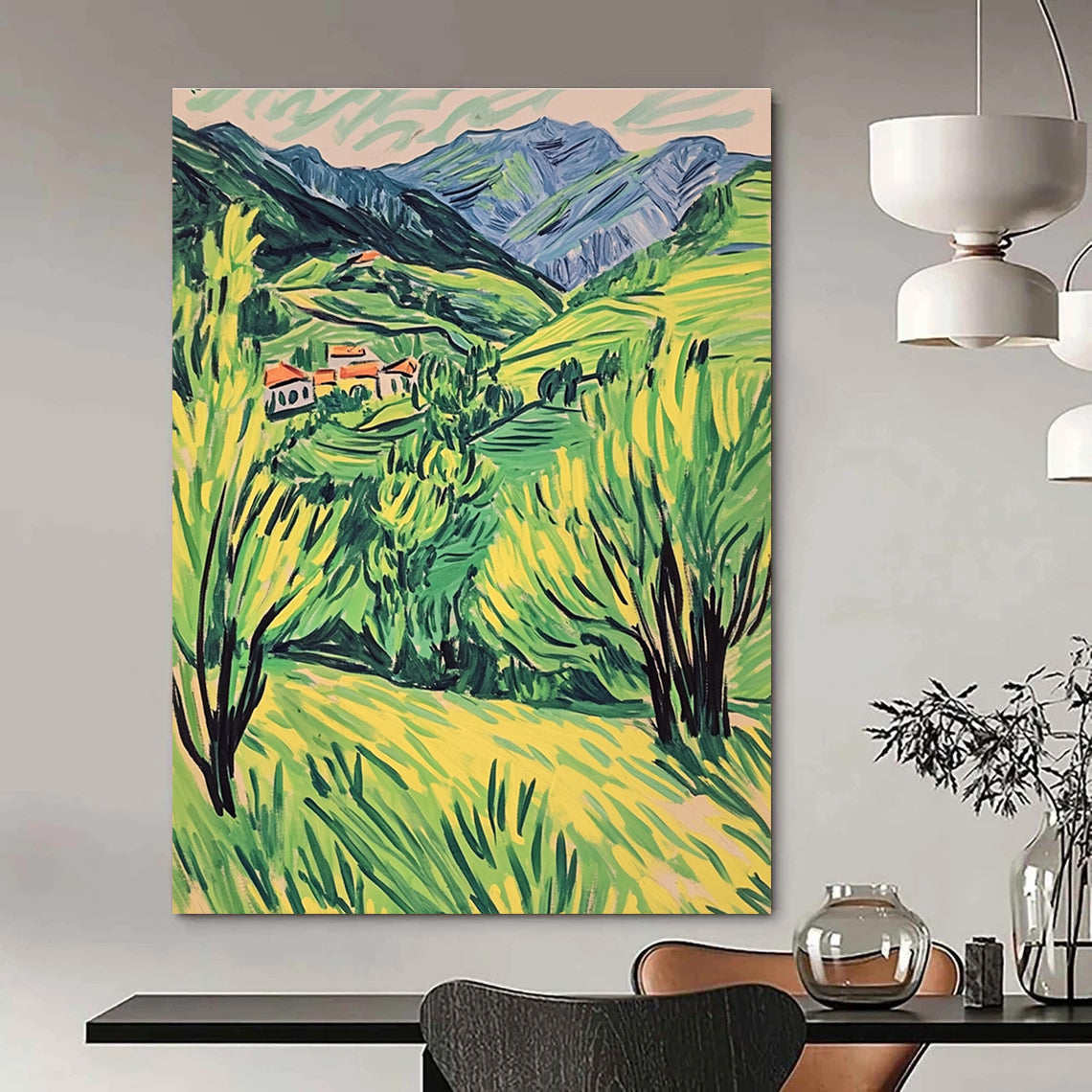 A large abstract painting capturing a vibrant spring Alps landscape in doodle style with simple lines and lively green and yellow hues.STSC1017