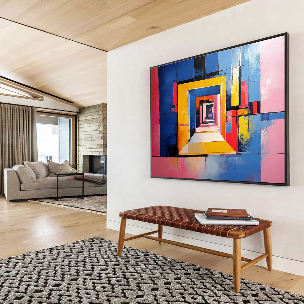 Vibrant abstract painting of an open door with geometric shapes against a blue and yellow background highlighting pink walls and soft textures.SC337