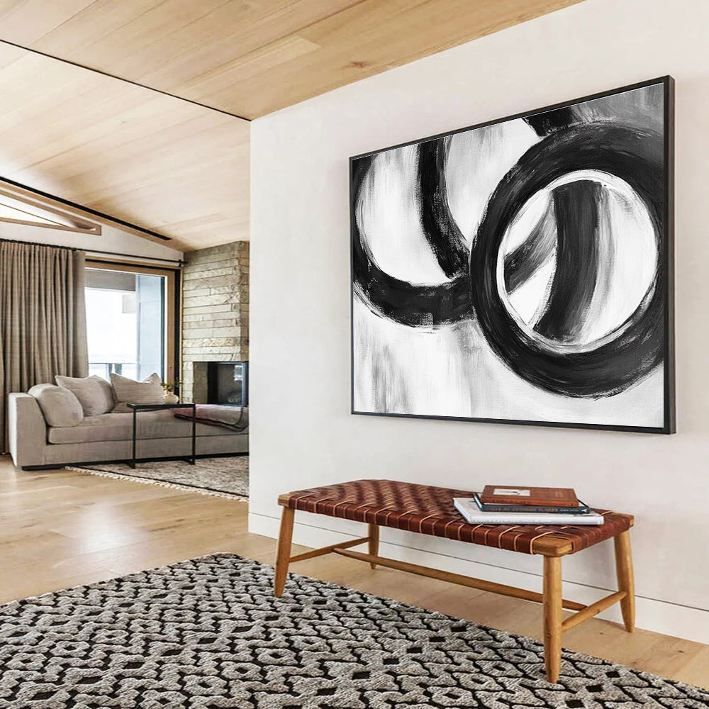 Large abstract painting featuring intertwined rings with simple shapes soft edges and fluid lines on a neutral background.SC013