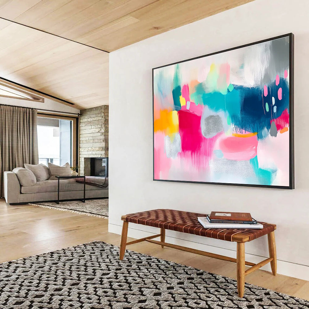 Large abstract painting featuring vibrant pink and teal shapes on a white background with bold brush strokes and shimmering silver foil accents.SC215