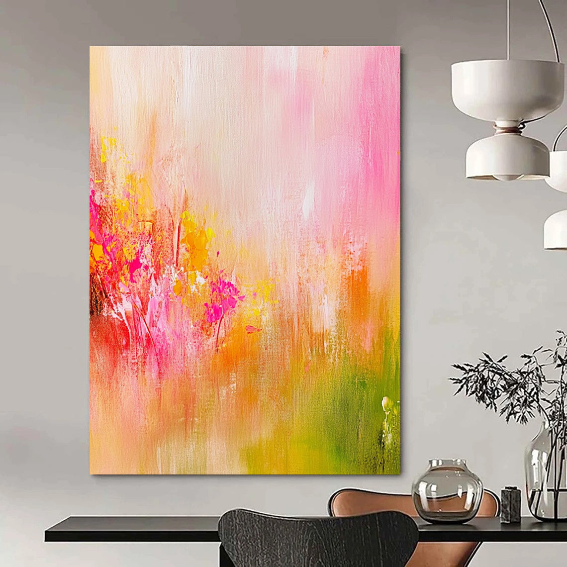 Large abstract painting in soft pink and yellow tones with delicate brushstrokes and a vibrant background evoking a romantic dreamy atmosphere.STSC489