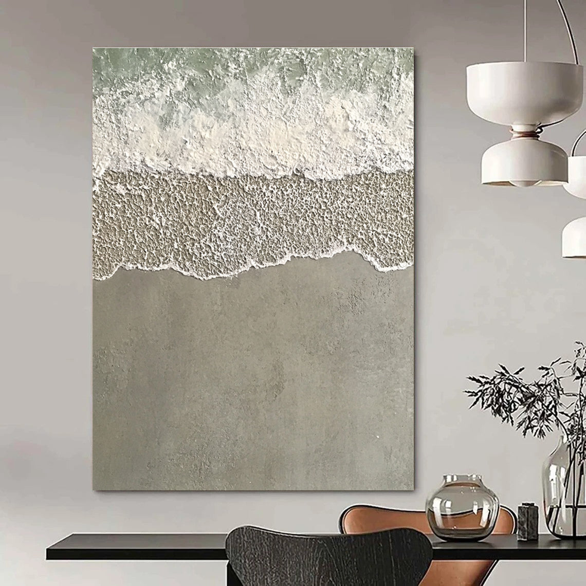 Large abstract painting depicting serene water and sand with textured wave patterns in light green and grayish-white tones.STSC1136