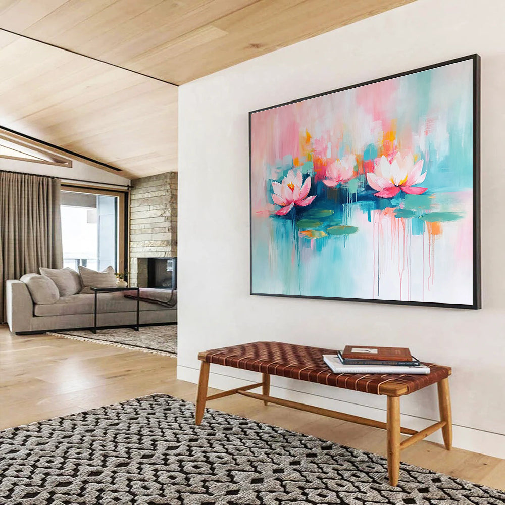 Large abstract painting featuring pink and turquoise water lilies with thick brush strokes on canvas.SC197