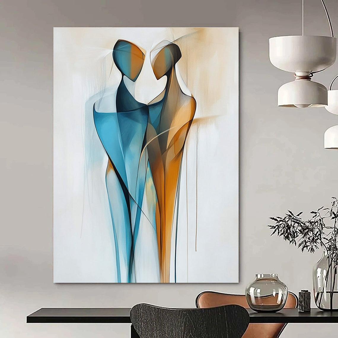 Large abstract painting featuring two figures in blue and amber with geometric lines and smooth curves on a shaped canvas and white background.STSC712