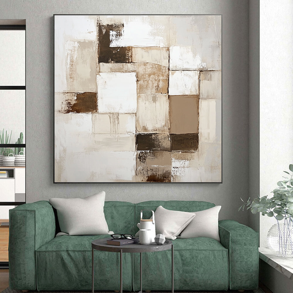 Beige Brown and White Abstract Painting with Patchwork Textures GER635