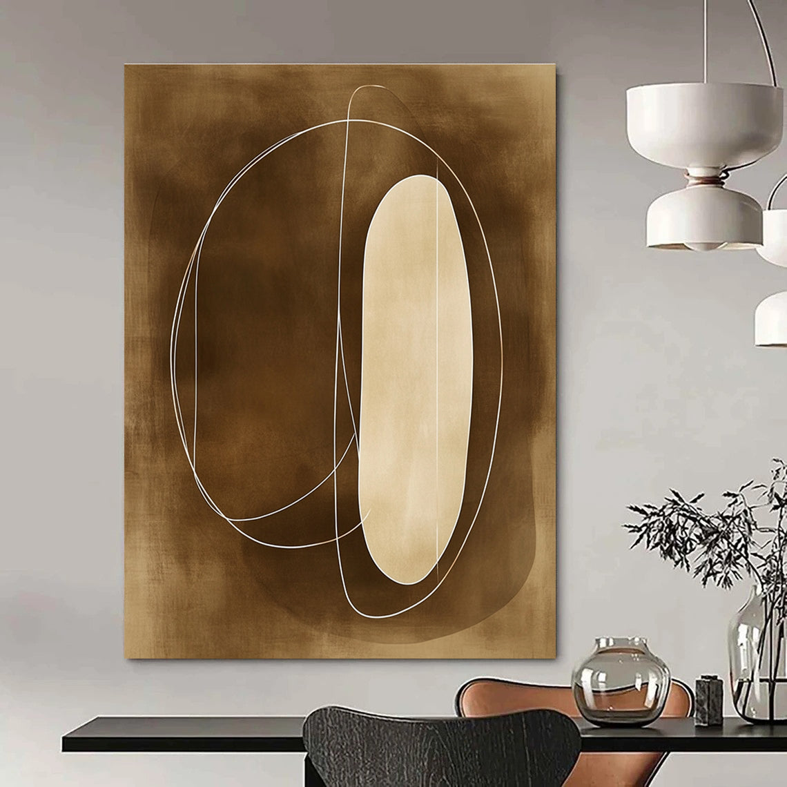 Large abstract painting with sepia tones featuring soft lines organic shapes outlined in white enhancing simplicity and elegance.STSC484