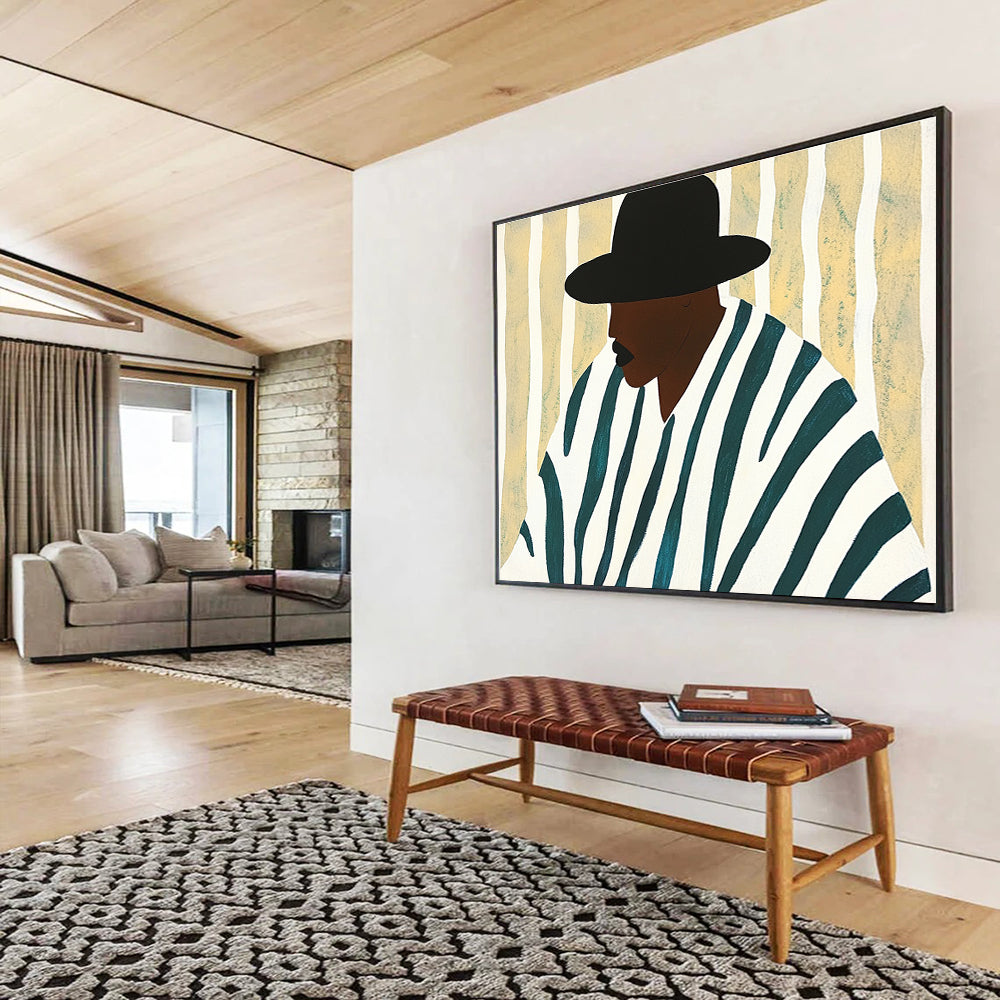 Stylized Portrait Abstract Painting with Black White and Teal DYP557