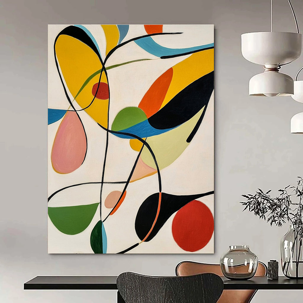 Large abstract painting featuring colorful organic shapes and bold black lines against a white background inspired by Matisse's style.STSC1315