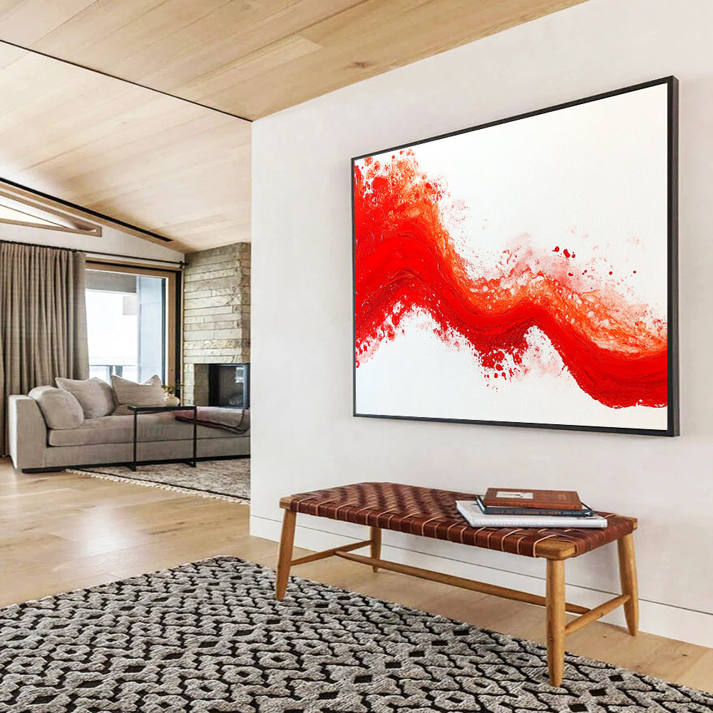 Red Wave on White Background Abstract Painting with Textured Brushstrokes DYP200