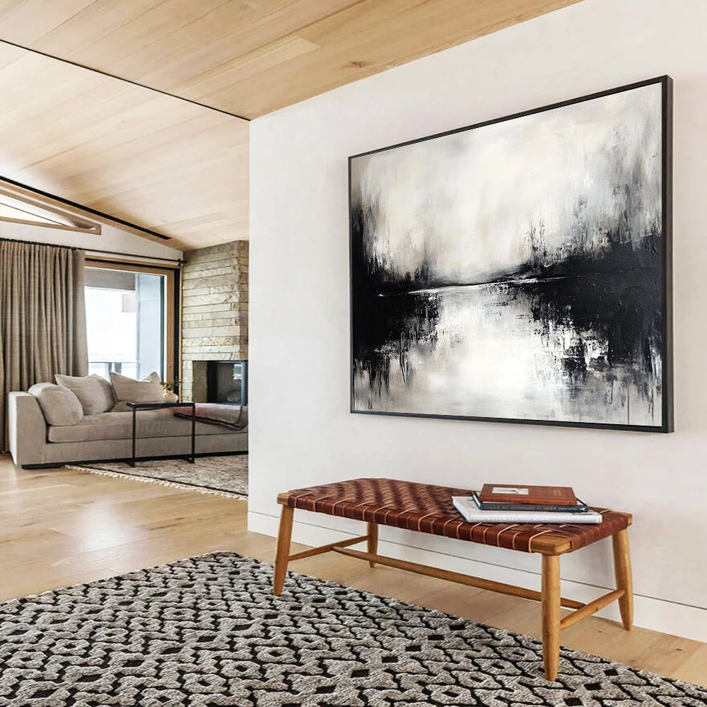 Black and White Lake Abstract Painting with Reflection Effects DYP173