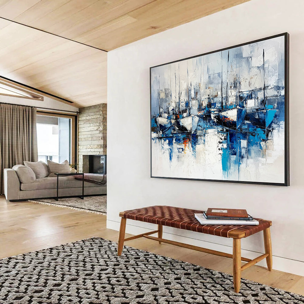 Large abstract painting featuring blue and white hues on a white background capturing chaotic ships and docks in a cool mysterious atmosphere.SC030