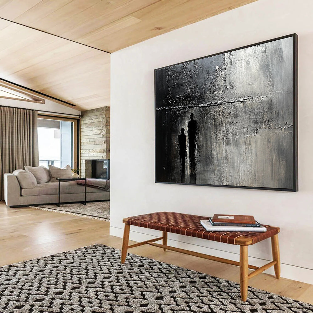 Abstract painting of an old textured wall with cracks and stains, featuring a faint silhouette, evoking mystery and deep emotion.SC446
