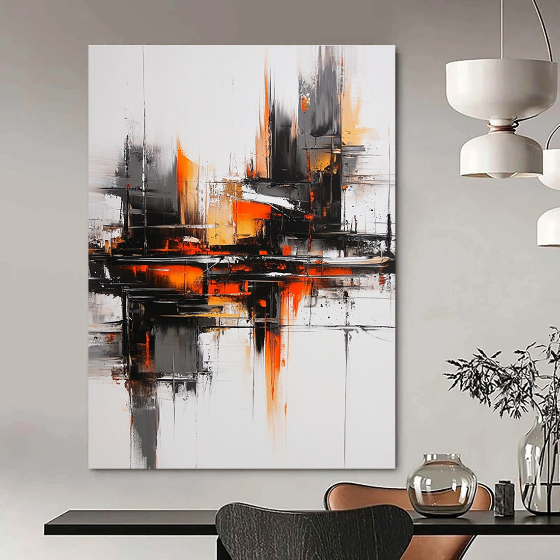 Large abstract oil painting featuring a gray and orange color scheme with a black cityscape bold brush strokes and heavy shadows for a mysterious atmosphere.STSC1353