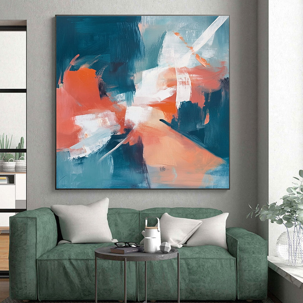 Teal and Coral Abstract Painting with Soft Textures GER641