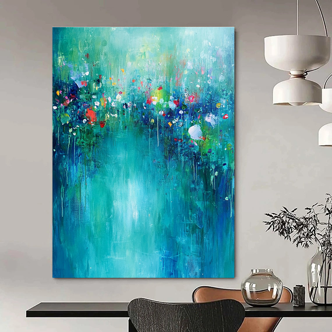 Large abstract painting of an underwater garden featuring vibrant greens and blues with small flowers on a soft turquoise background, evoking calm and tranquility.STSC274
