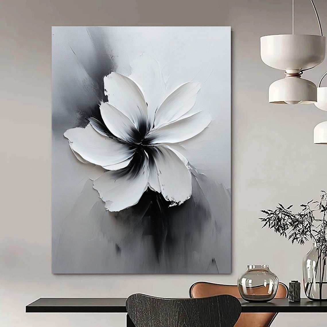 Large abstract white flower painting in black and gray with soft lighting and delicate textures creates an elegant minimalist art piece.STSC516