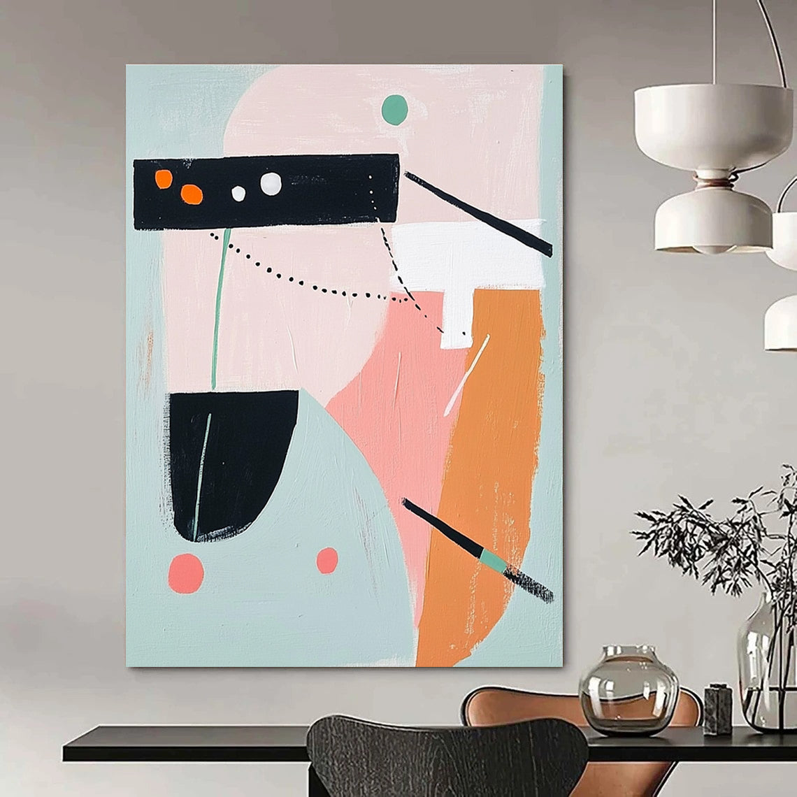 Abstract painting featuring bold shapes and lines in pink grey orange teal green and black and white evoking airplane elements with thick brush strokes.STSC691