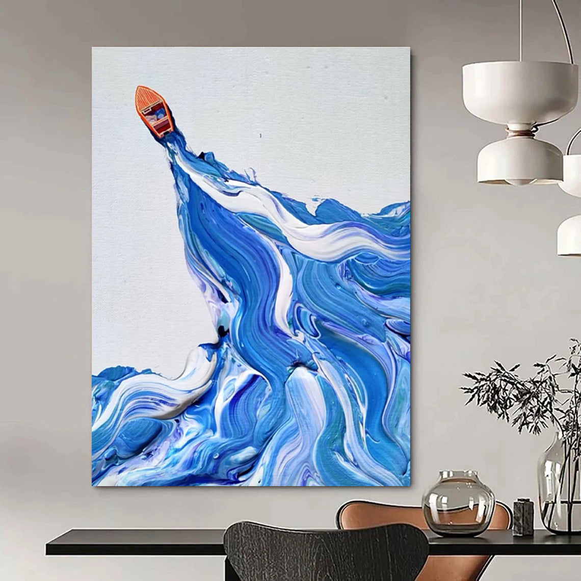 Blue and White Wave Boat Abstract Painting with Textured Seas ADGE321
