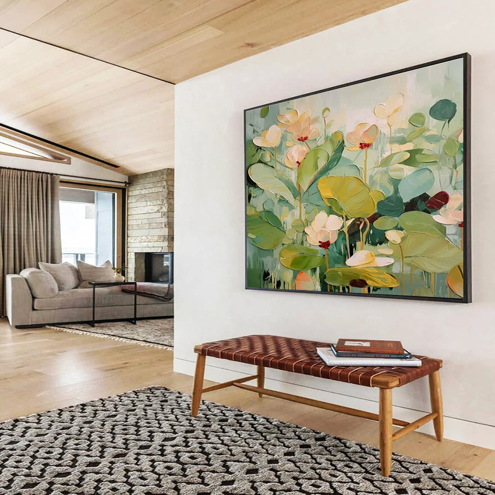 Green and Pink Tones Lotus - themed Abstract Painting THY088