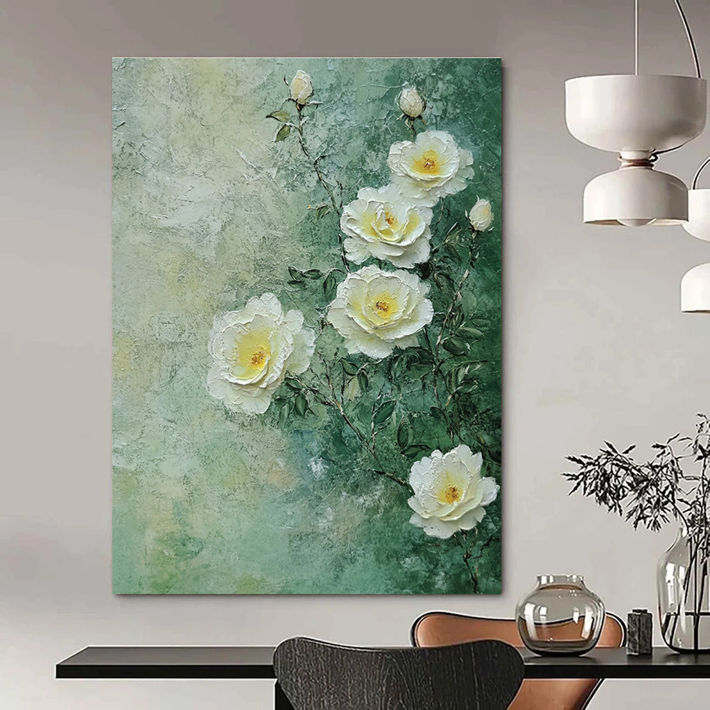 A large abstract painting featuring white roses on a light green background with soft tones and delicate brush strokes inspired by nature.STSC1490