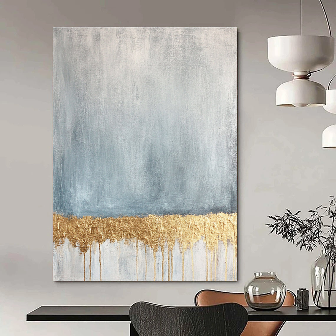 Large abstract painting featuring a textured pale blue and gold palette with a gold metallic foil line across a soft grey and white background.STSC571