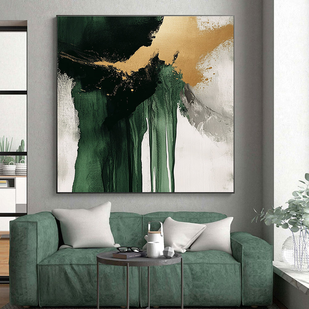 Green Gold Gray and White Abstract Painting with Dramatic Drips GER634