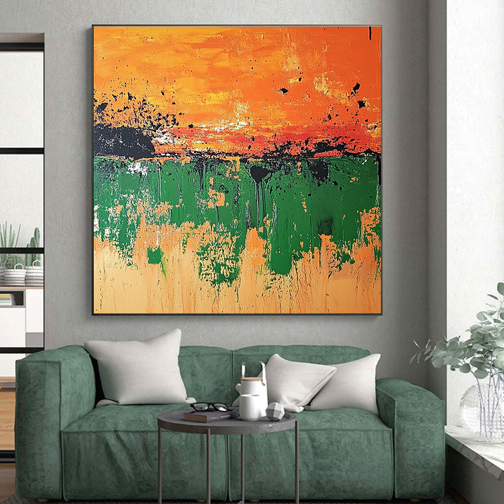 Orange Green Drip Abstract Painting with Bold Layers GER493
