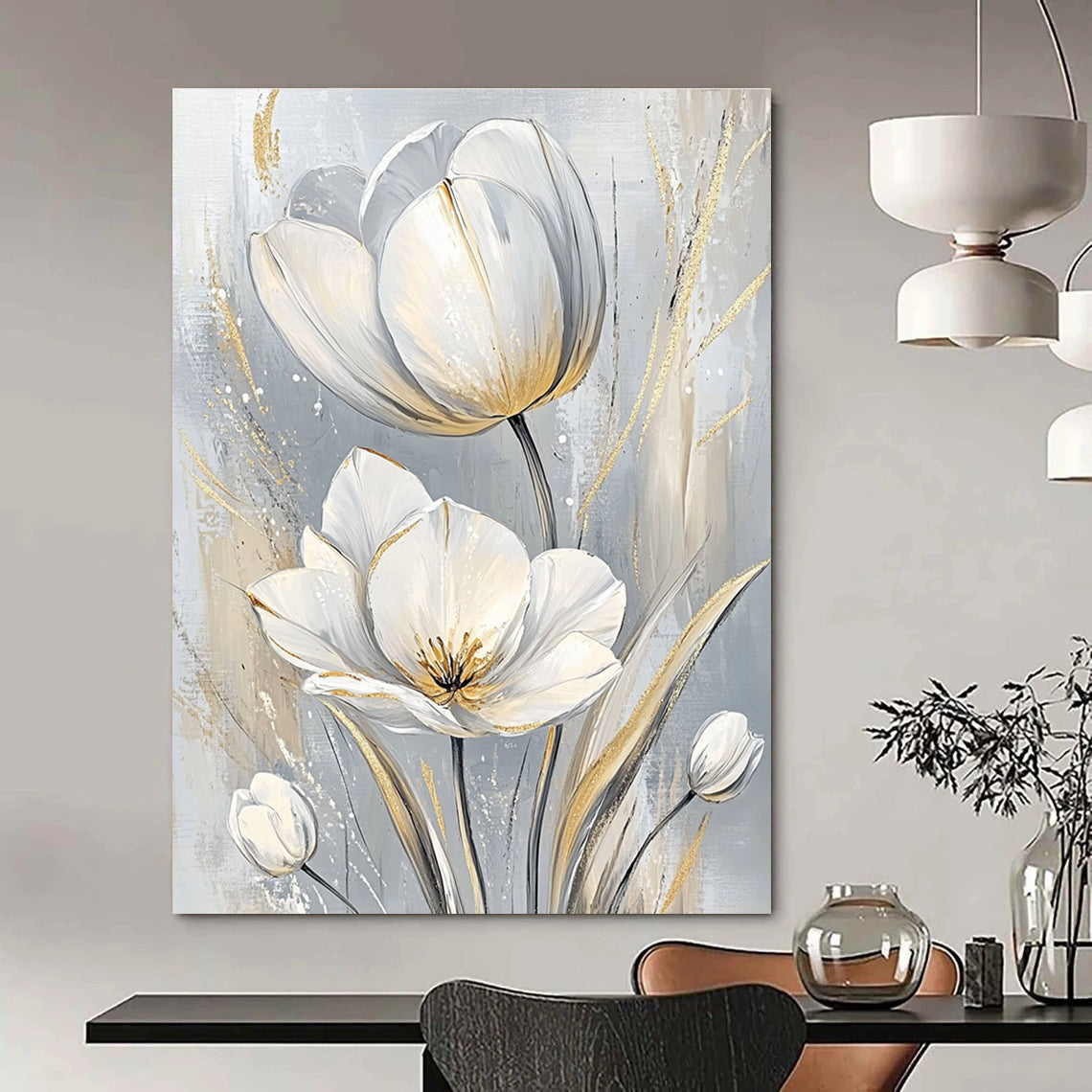 Large abstract painting featuring elegant white tulips with intricate petals and soft pastel tones creating a serene atmosphere.STSC1480