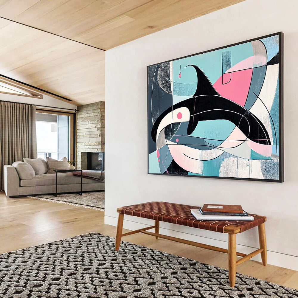 Geometric Orca Abstract Painting with Pastel and Dark Tones DYP343