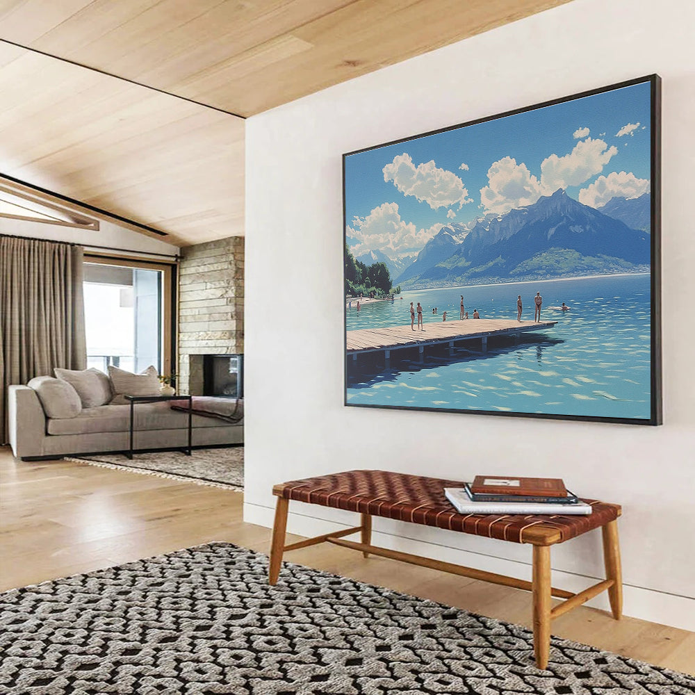 Large abstract painting depicting swimmers at Lake Neuchâtel with mountains clouds and a wooden platform under a blue sky.SC472