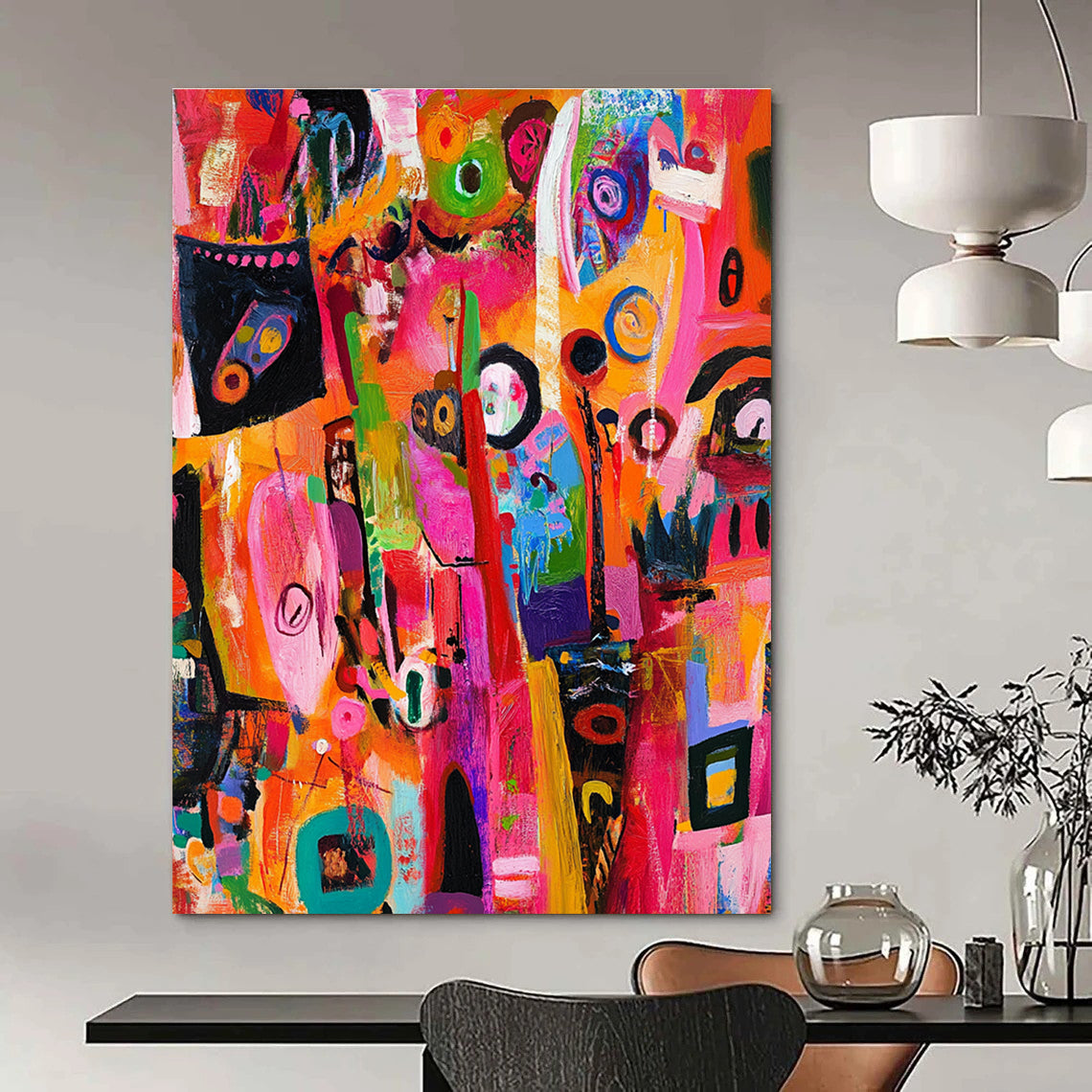 A vibrant abstract painting showcasing urban chaos with lively characters and dynamic patterns in bright colors highlighting intricate details and expressive faces.STSC1218