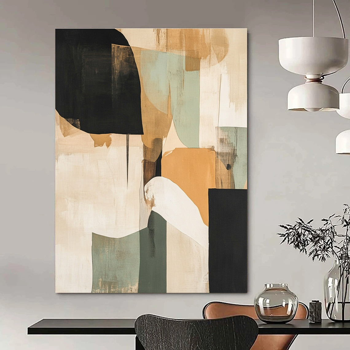 Large abstract painting with beige black and green tones layered with texture featuring organic shapes and a light orange design resembling a tree or cloud.STSC737