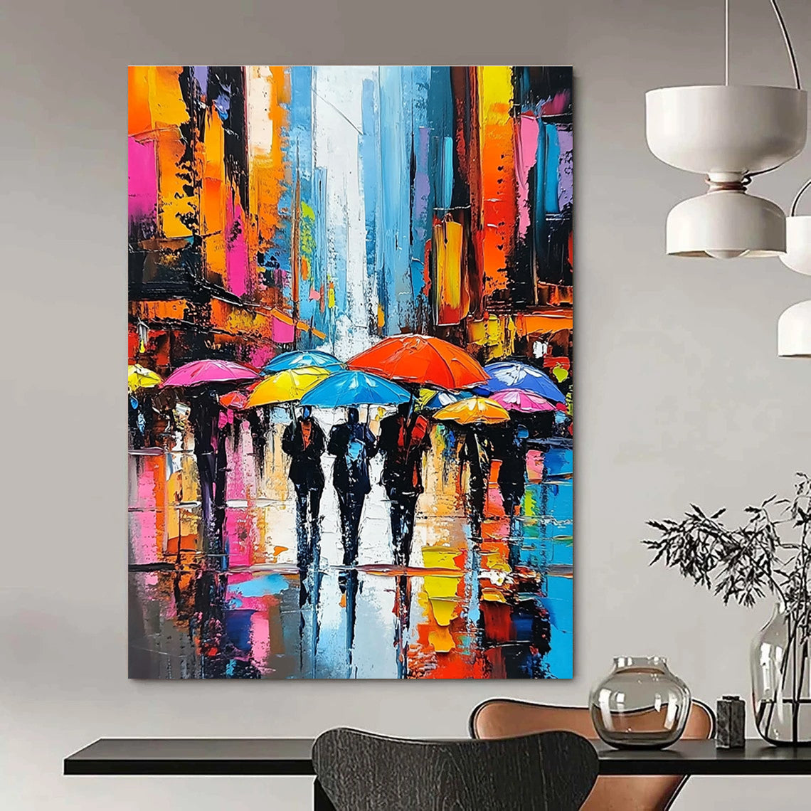A large abstract painting showcasing vibrant city streets with people under colorful umbrellas and towering skyscrapers emphasizing expressive faces and dynamic brushstrokes.STSC850