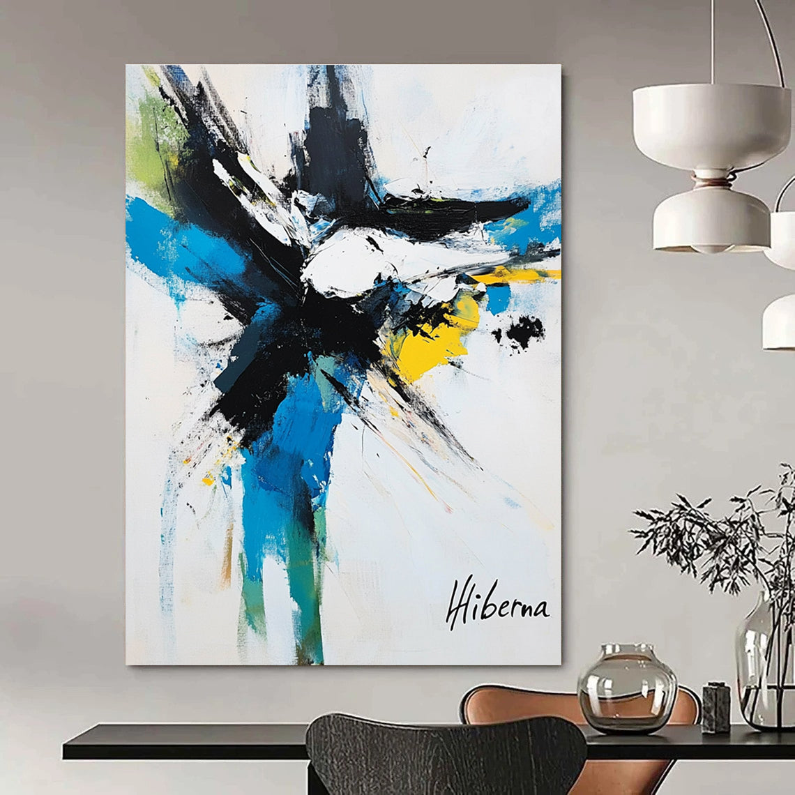 Large abstract painting featuring dynamic brush strokes in white black blue yellow and green capturing an animal in motion signed Hiberna.STSC1097
