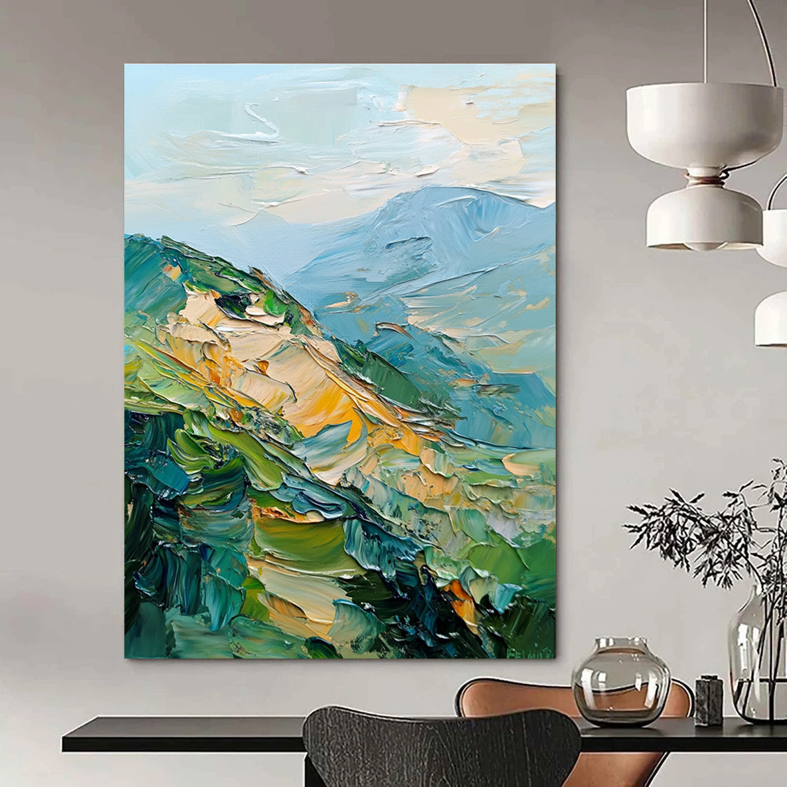 Large abstract painting of mountains featuring palette knife texture and thick brush strokes in a blend of greens blues and golds.STSC192