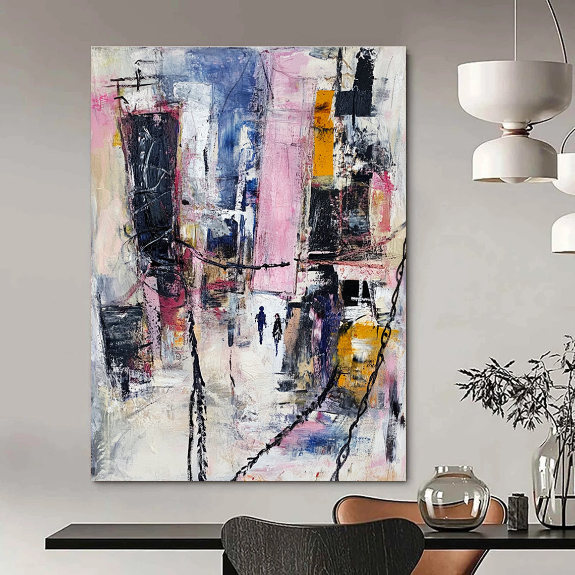 Large abstract painting featuring an urban landscape with mixed media elements in pastel colors and dynamic textures of fabric and metal.STSC666