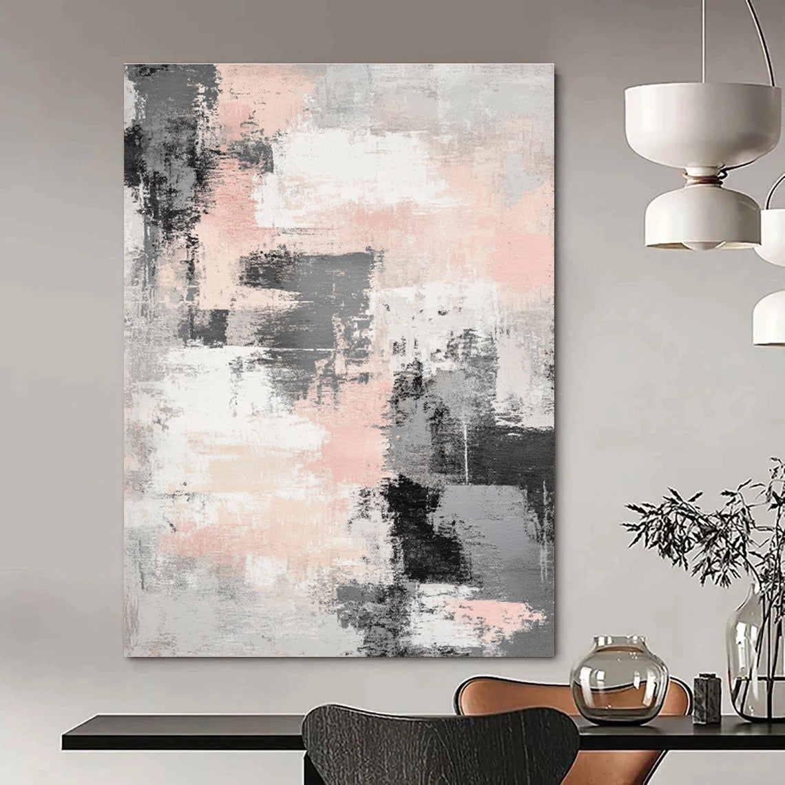 Large abstract art piece featuring soft gray and light pink interwoven textures with airy white spaces for a tranquil and mysterious atmosphere.STSC133