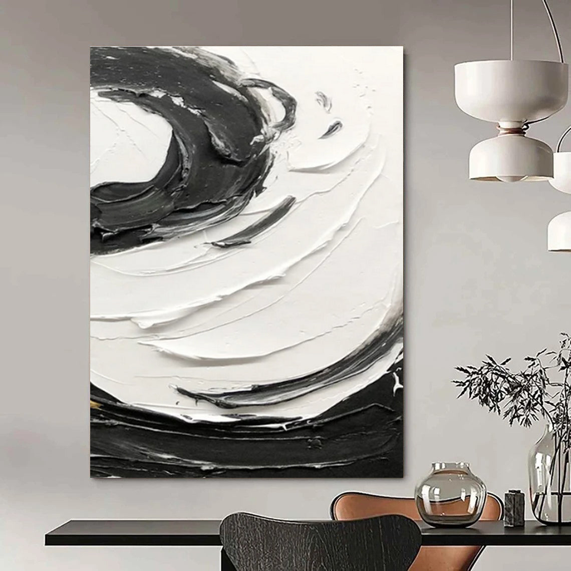 Black and White Textured Swirl Abstract Painting ADGE380