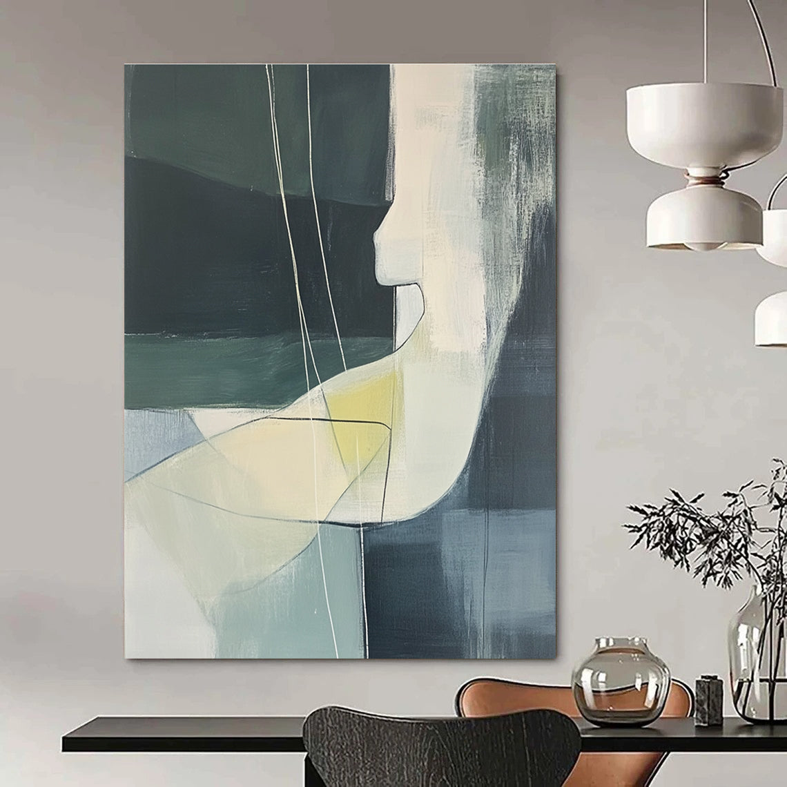 Large abstract painting featuring a woman's body in soft green and grey tones with white lines and yellow details on a black background.STSC672