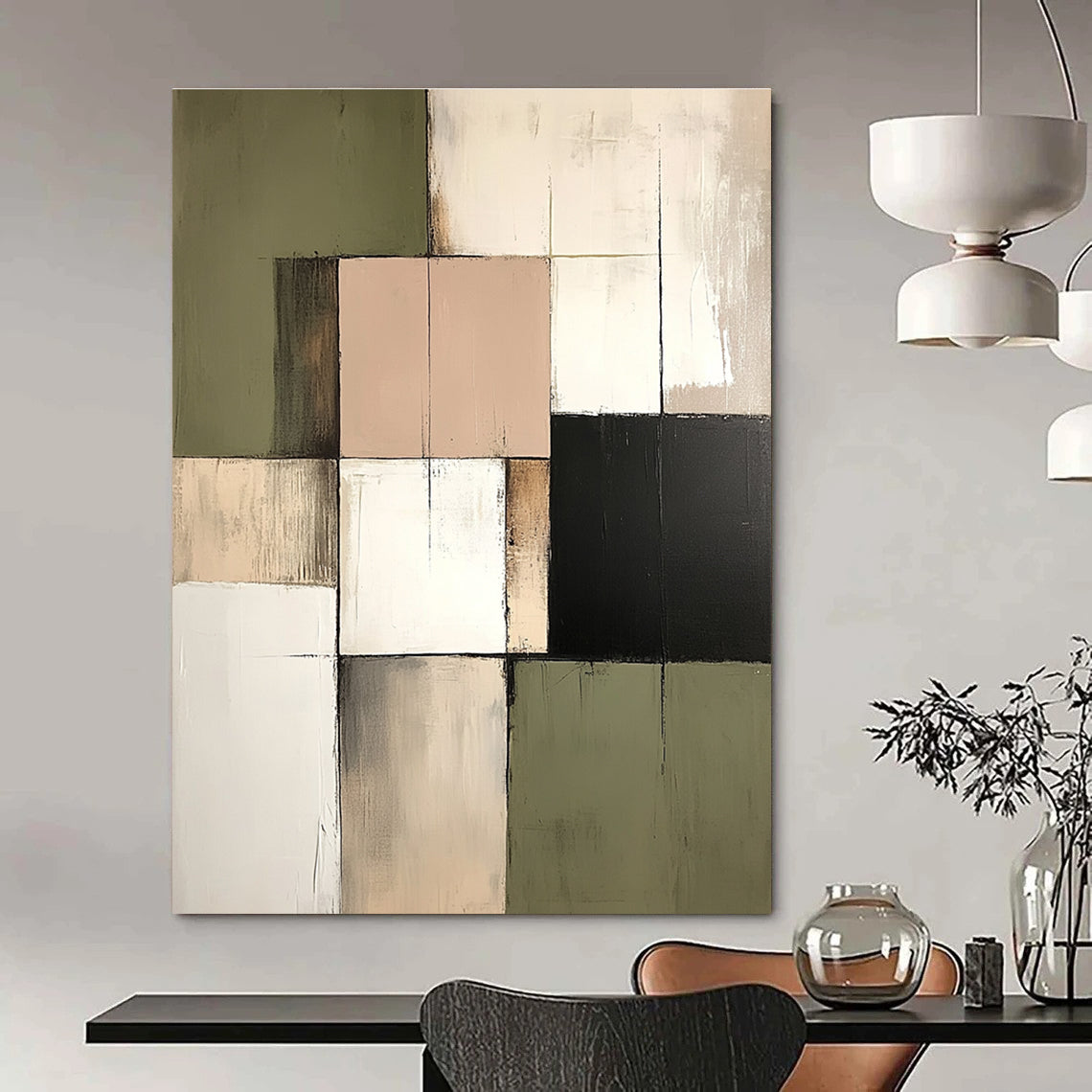 Large abstract painting in neutral tones of cream sage green and muted pink reflecting an architectural landscape feel.STSC765