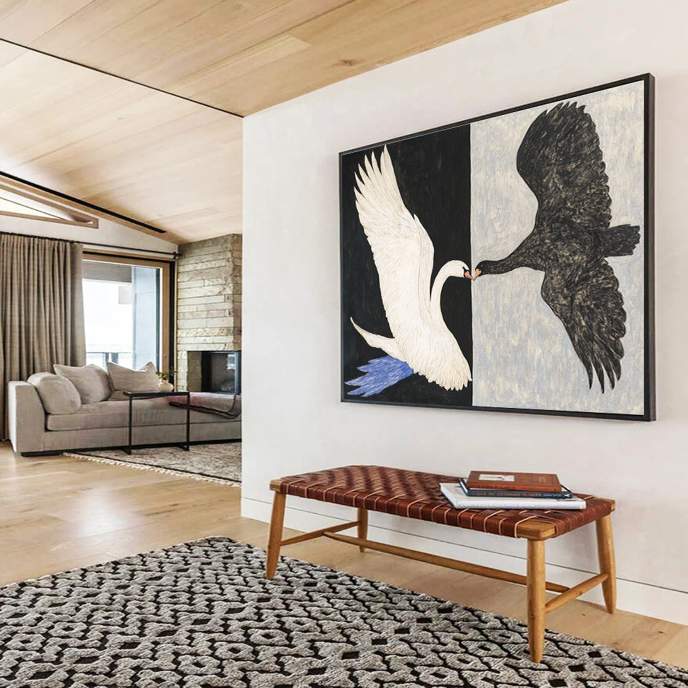 Large abstract painting of a swan and eagle in flight touching beaks on contrasting backgrounds of white and grey.SC558