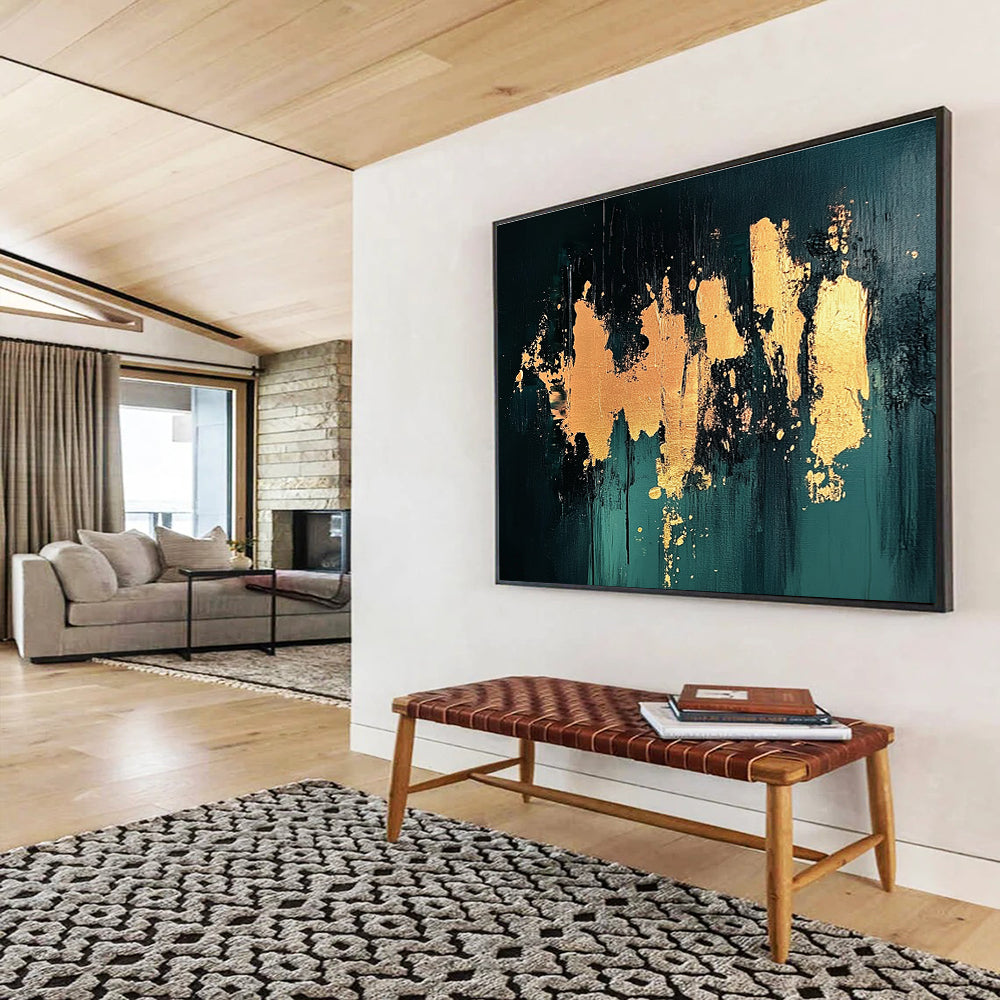 Gold Splash on Green Abstract Painting with Bold Textures DYP418