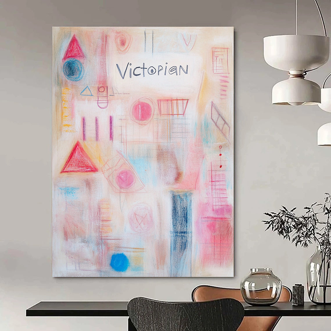Large abstract artwork featuring soft pastel colors geometric shapes and delicate white text reading Victorian in a harmonious collage.STSC1204