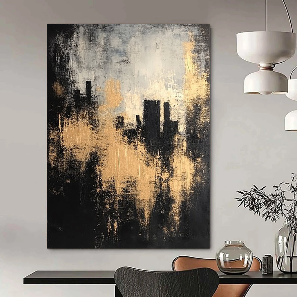 Large abstract painting featuring a black and gray background with golden highlights and silhouettes of buildings in an atmospheric, vintage style.STSC213